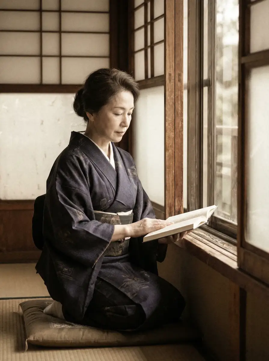 一位优雅的五十岁 2012手机免费观看 身穿深蓝色和服，在窗边静读